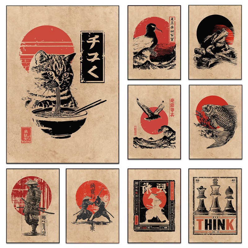 Japanese Lifestyle Gifts - ヴィンテージ日本の鯉魚カエル猫食べるラーメンサムライ決闘ポスターキャンバス絵画壁アート写真ホームデオールギフト
