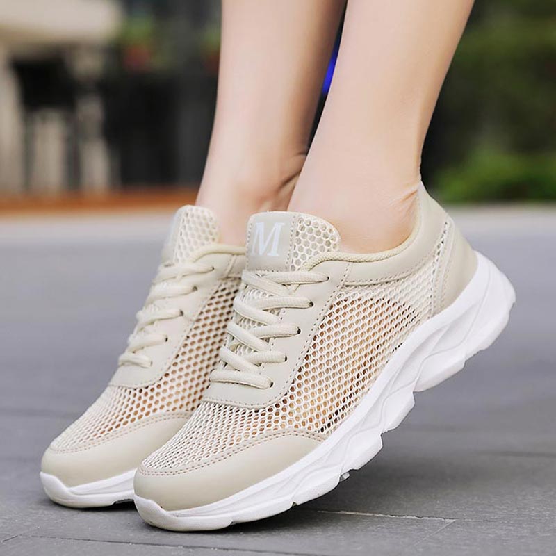 Japanese Lifestyle Tips - 女性用通気性メッシュスニーカー,軽量ランニングシューズ,ベージュ,新しい2019,B-332,夏