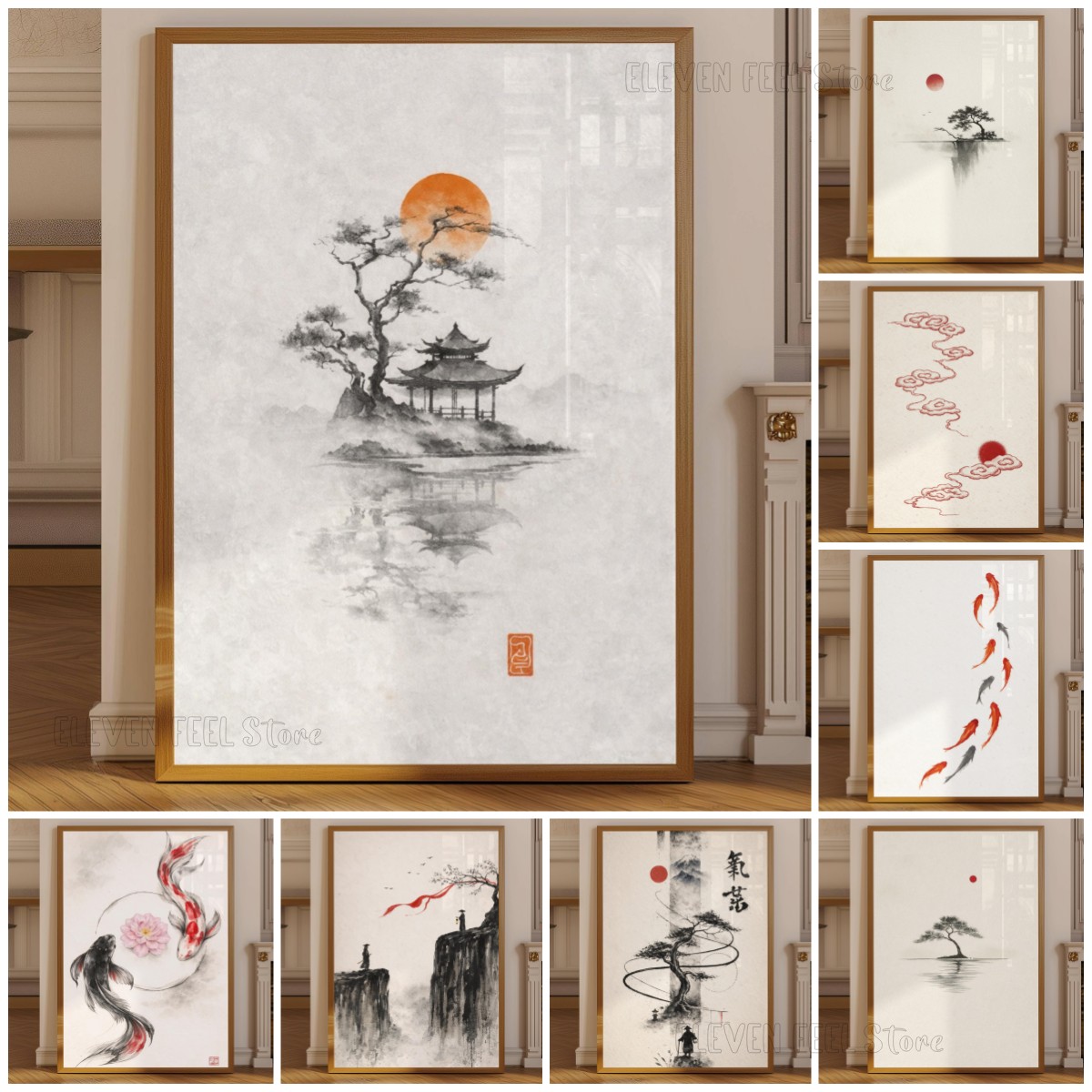 Japanese Minimalist Lifestyle - 日本の水墨画ポスター、侘び寂び盆栽ウォールアートプリント、赤い太陽付き、ミニマリスト禅装飾、オフィス用、ニュートラルアートホームギフト