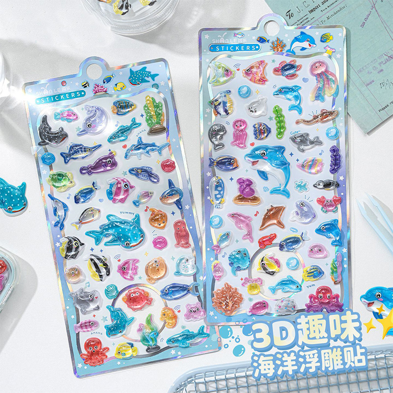 Japanese Lifestyle Products - 和風漫画海洋生物 3D レリーフクリスタルステッカーかわいいイルカサメ装飾ステッカー Diy 電話ケースおもちゃギフト