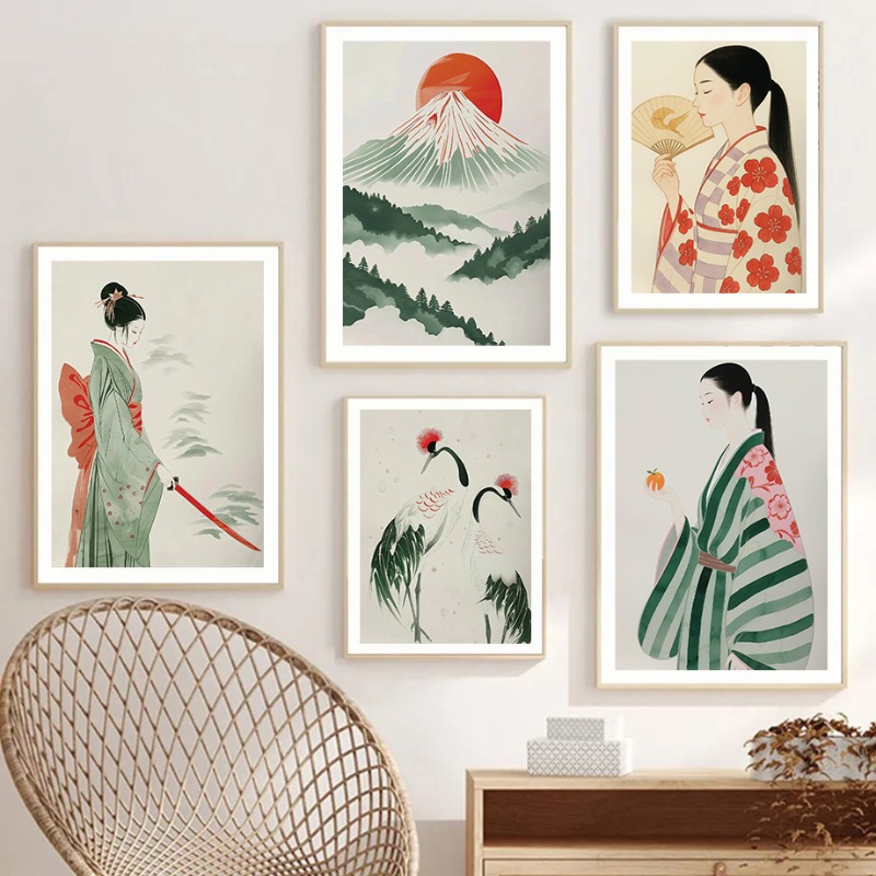 Japanese Minimalist Lifestyle - 富士山と鶴日本の壁プリント現代ミニマリスト風景アート伝統的なアジアの自然ポスター禅家の装飾