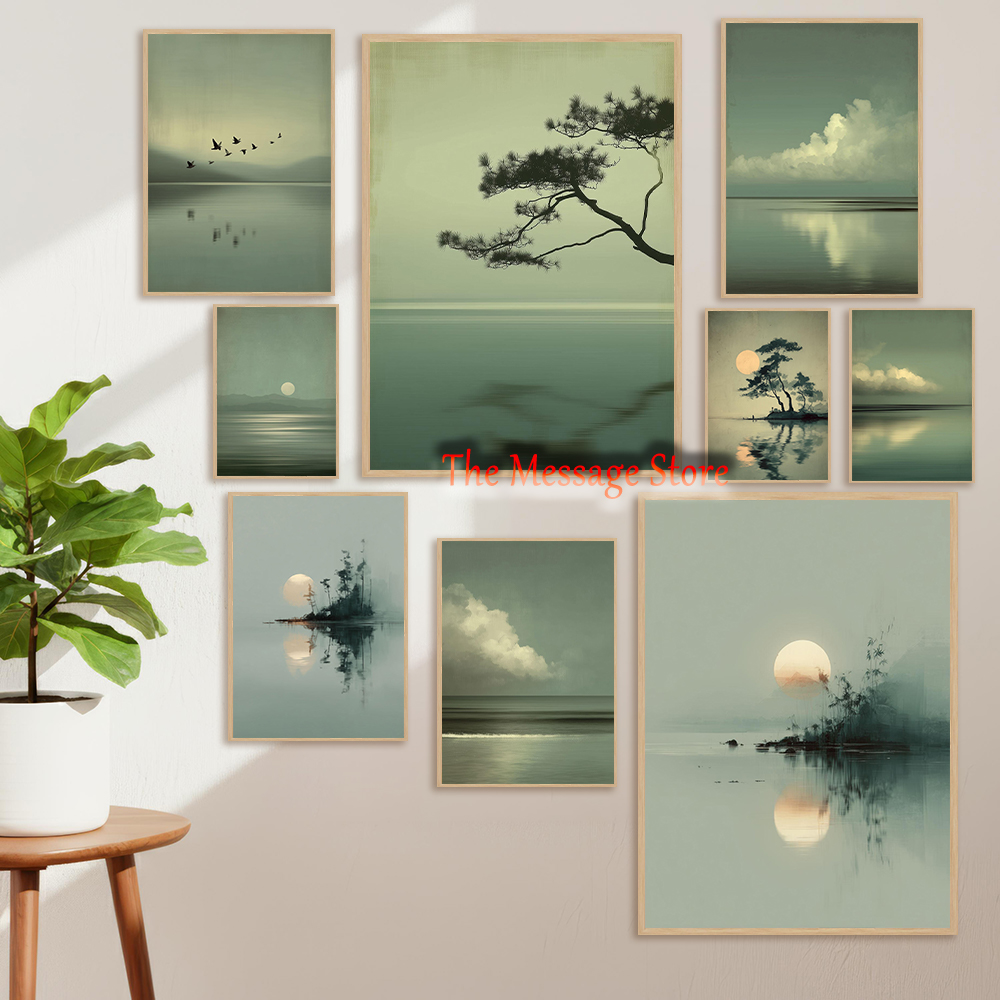 日本の風景ミニマリスト月湖雲海景禅侘び寂びセージグリーンポス - Japanese Minimalist Lifestyle のレビューと価格